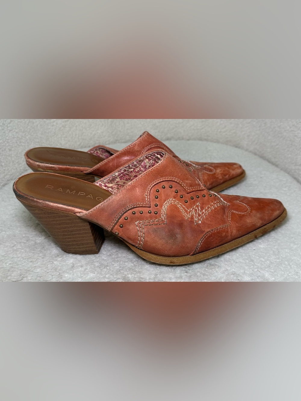 Rampage Y2K Western Cowgirl Leather Mule Heels Studded Pointed Toe Bohemian 7.5